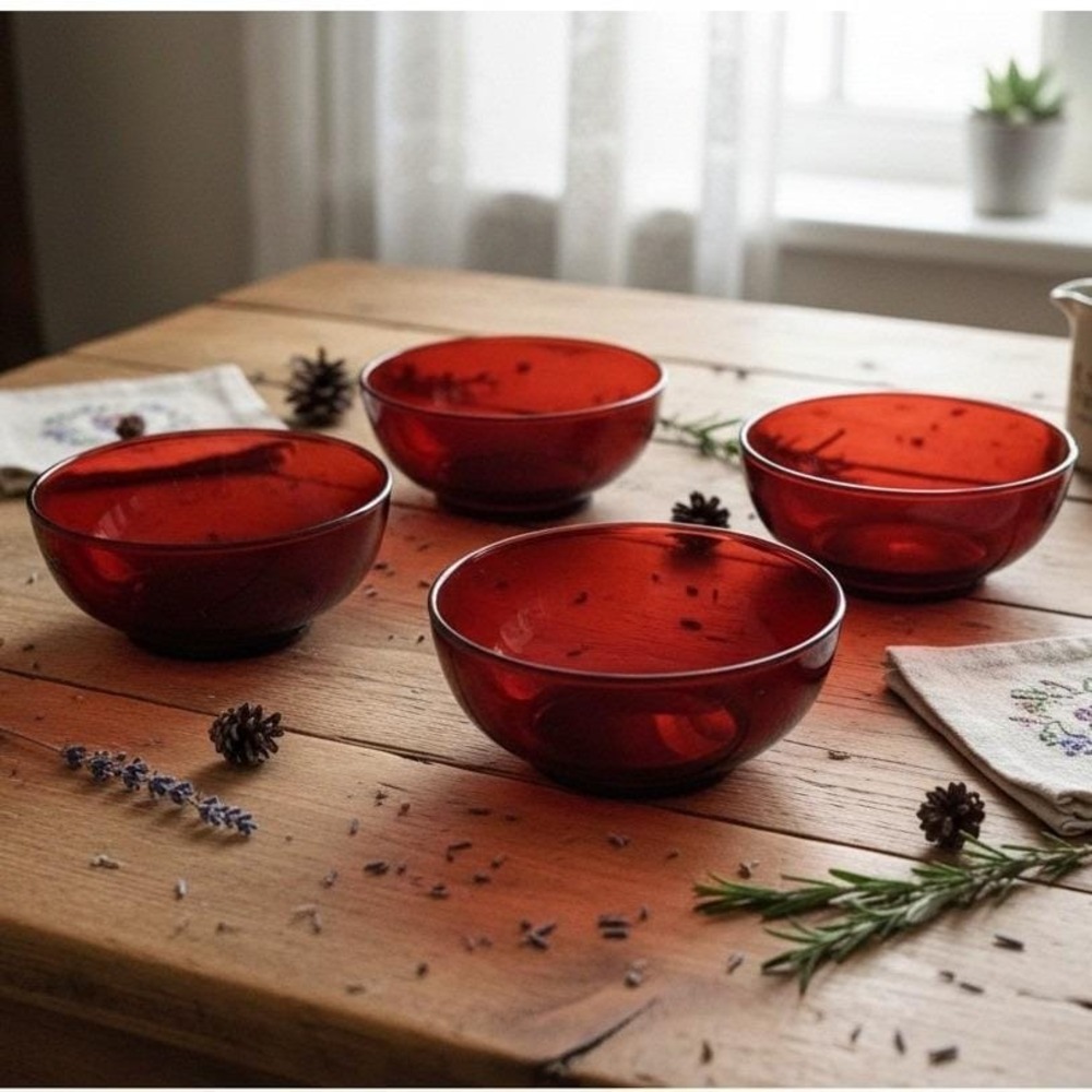 Anchor Hocking Royal Ruby Footed Fruit Bowls, Set of 4, Vtg Glassware Dinnerware